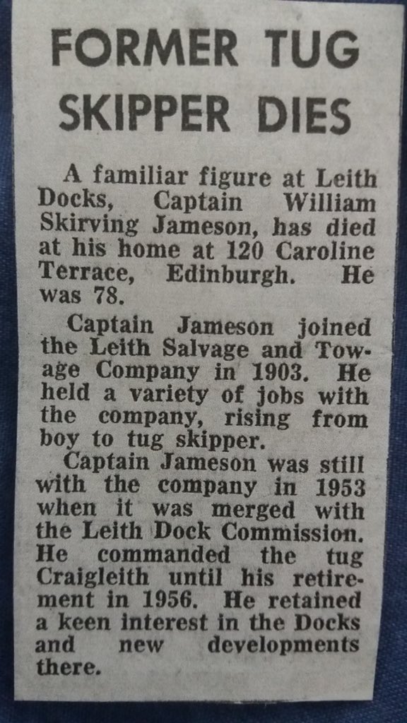 Found an old newspaper cutting about my Great Grandfather. Skipper of the original #Craigleith at #PortofLeith Quite apt given that the new tug has just been given the same name @forthports