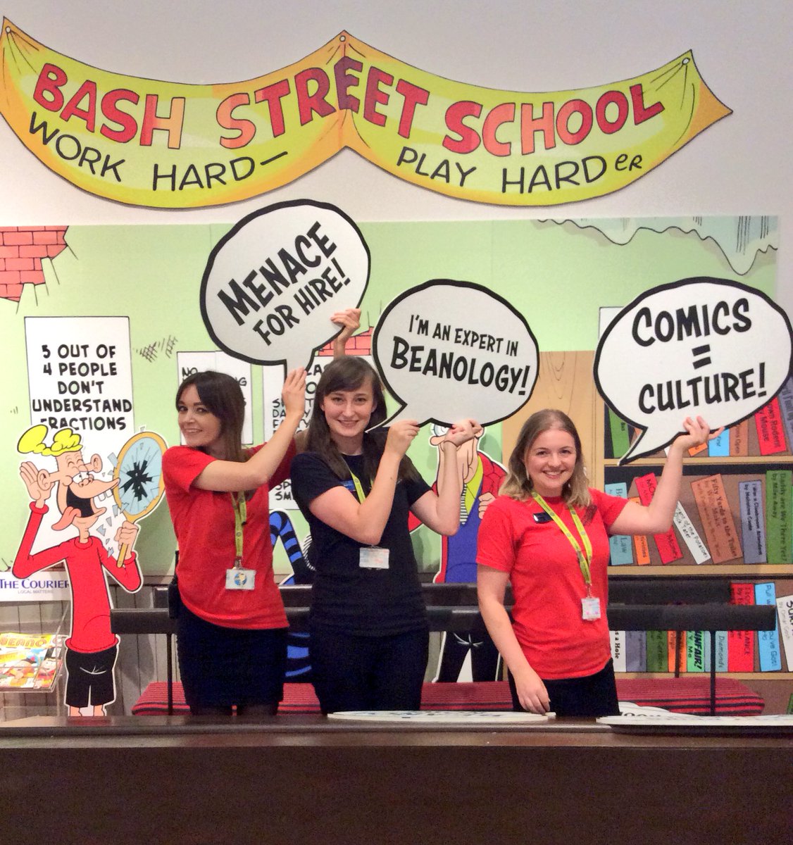 McManusDundee's tweet photo. Happy 80th Birthday @BeanoOfficial !🎁🎈from The McMenace Bash Street Gallery Gang!! #themcmenace #Beano80 #Beanois80 #Beano #Dundee https://t.co/FgYNYHb9XY