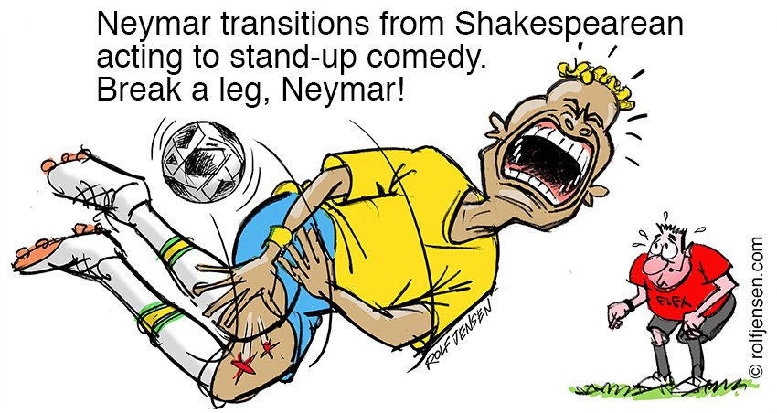 #Neymar transitions from Shakespearean acting to stand-up comedy. #standup #standingup #FifaWorldCup2018 #soccer #football #cartoon #sport rolfjensen.com