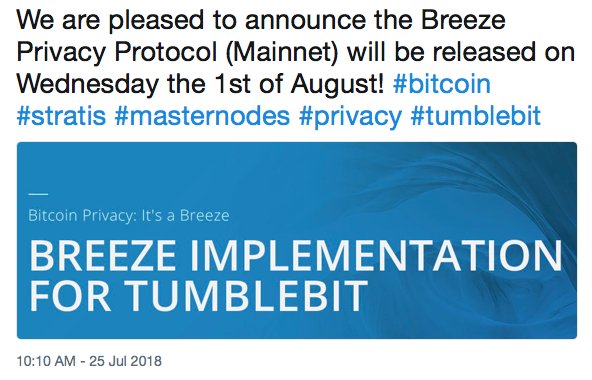 Saiyandegens's tweet photo. It's almost Wednesday..

Wednesday = Breeze Privacy Protocol Mainnet Release 🌬️🍃

Bitcoin Privacy through Tumblebit, something revolutionary for Bitcoin.

I am sure the whole Crypto space will learn about it, looking forward to the marketing!

#Breeze #Privacy #Bitcoin https://t.co/vEkKroLOjQ