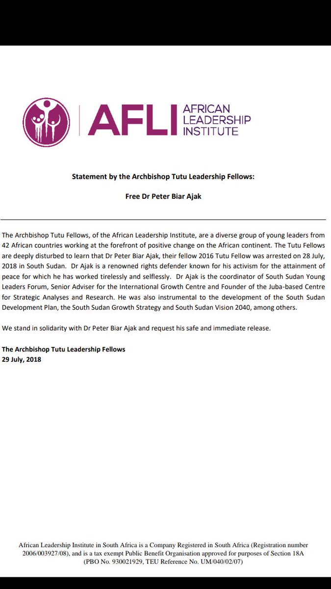 TutuFellows's tweet photo. @TutuFellows urge the safe and immediate release of Dr @AjakPeter. #FreePeterBiar @JulieGichuru @JanahNcube @edwin_macharia @UN @ONEinAfrica https://t.co/DQ1laUIEi7