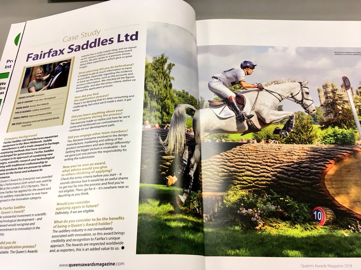 B2BWalsall's tweet photo. Wonderful to be able to open the @TheQueensAwards magazine and read all about @FairfaxSaddles award-winning approach to #innovation from their HQ in Walsall. #walsallworking #MadeInTheBlackCountry https://t.co/n57Wm5rfmS
