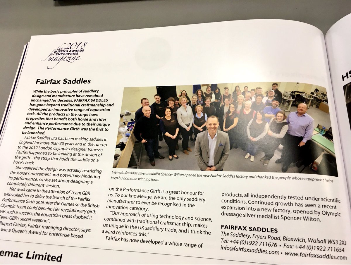 B2BWalsall's tweet photo. Wonderful to be able to open the @TheQueensAwards magazine and read all about @FairfaxSaddles award-winning approach to #innovation from their HQ in Walsall. #walsallworking #MadeInTheBlackCountry https://t.co/n57Wm5rfmS