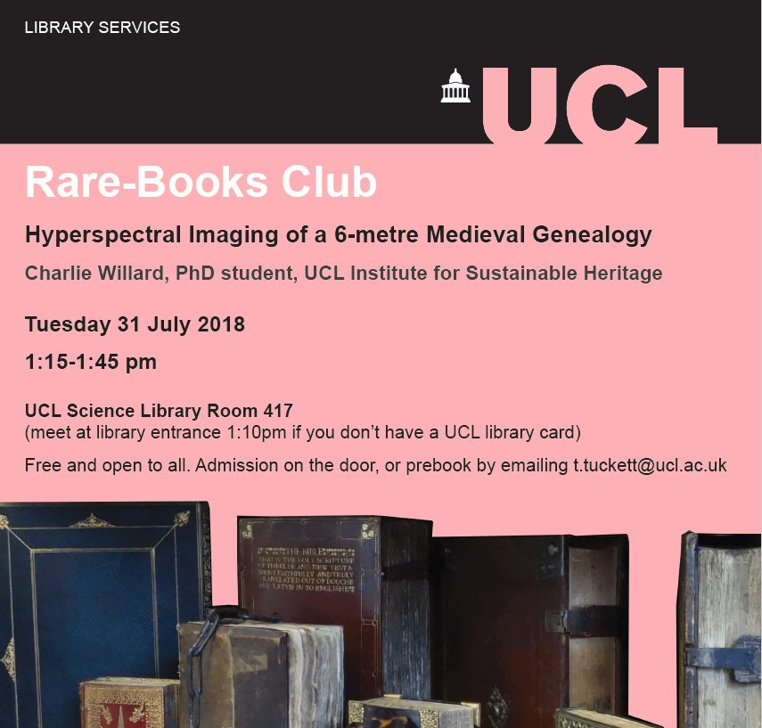 seahaCDT's tweet photo. 📣 Don't miss SEAHA student @Charlie_Willard based in @UCLmedphys talking about #hyperspectralimaging of a 6m medieval genealogical roll from @UCLSpecColl tomorrow @UCLSciLibrary #heritagescience #manuscript #freetalks https://t.co/qJwPENdVmv