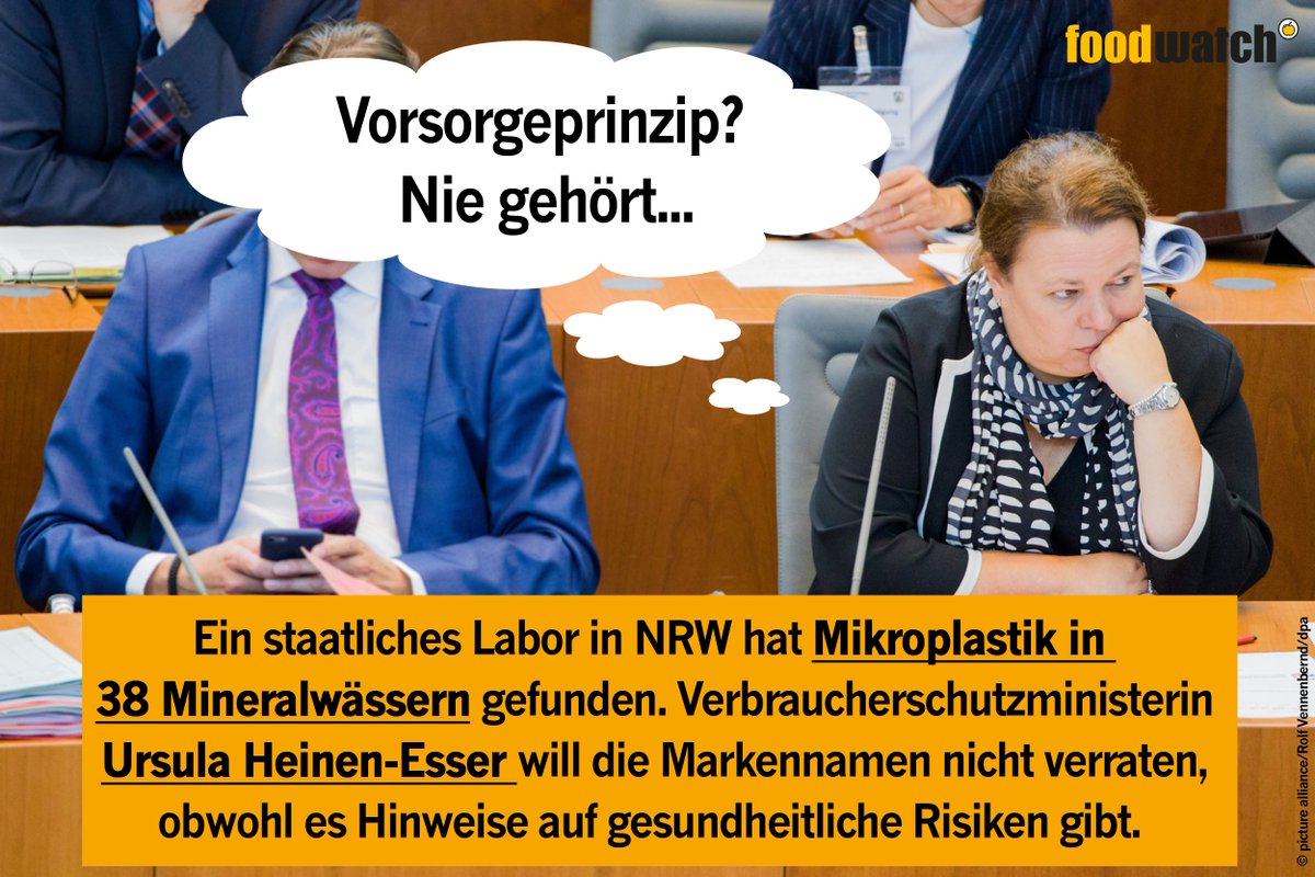 foodwatch_de's tweet photo. Das Vebraucherschutzministerium von @HeinenUlla hat #Mikroplastik in 38 Mineralwässern gefunden, aber hält die betroffenen Herstellernamen geheim. Jetzt RT und Druck machen: Wir wollen wissen, wo Mikroplastik drinsteckt! https://t.co/zs78172lMg @UmweltNRW https://t.co/8Vrk4TT2Da
