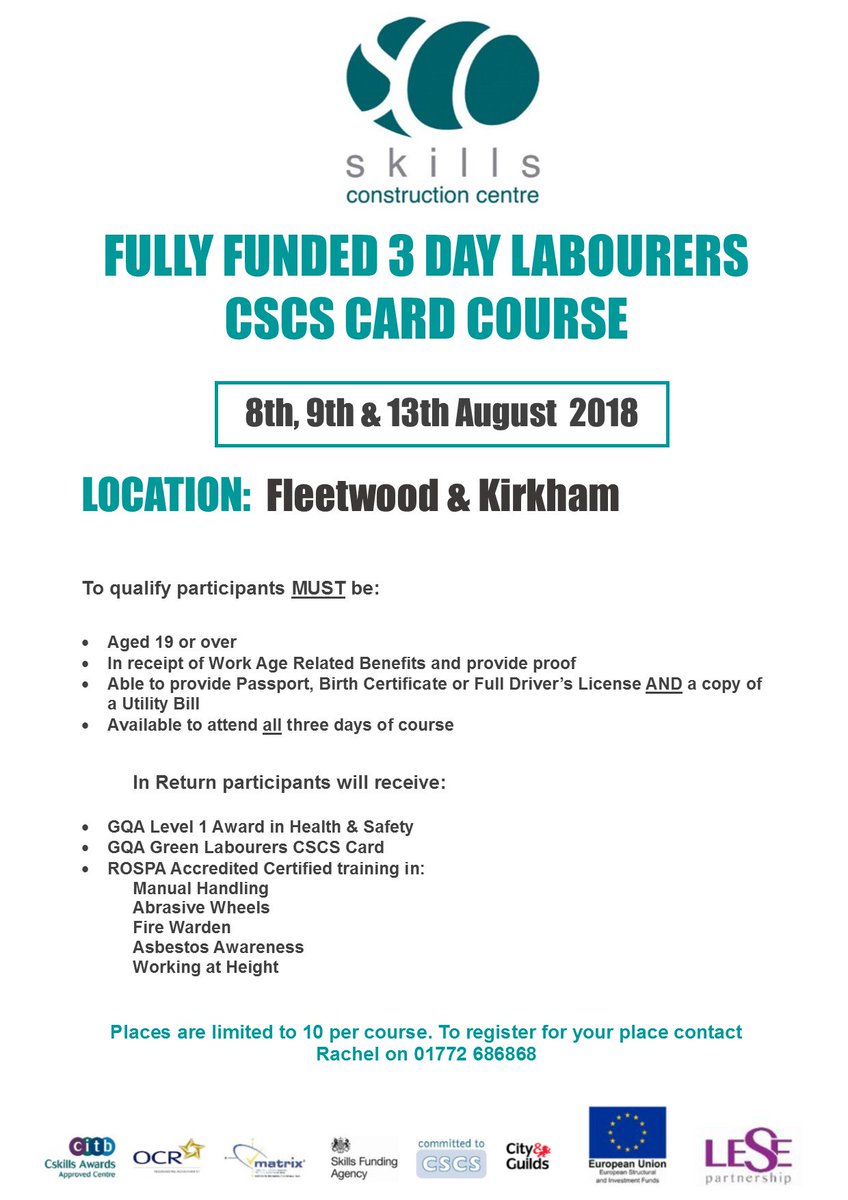 Are you looking to get a CSCS Card? Are you 19+? Are you in receipt of work age related benefits?
Book your place now!
PLEASE NOTE: All attendees will be transported to our centre at Kirkham  via funded taxi on Thursday 23rd August to sit the Level 1 Health &amp;  Safety Test.