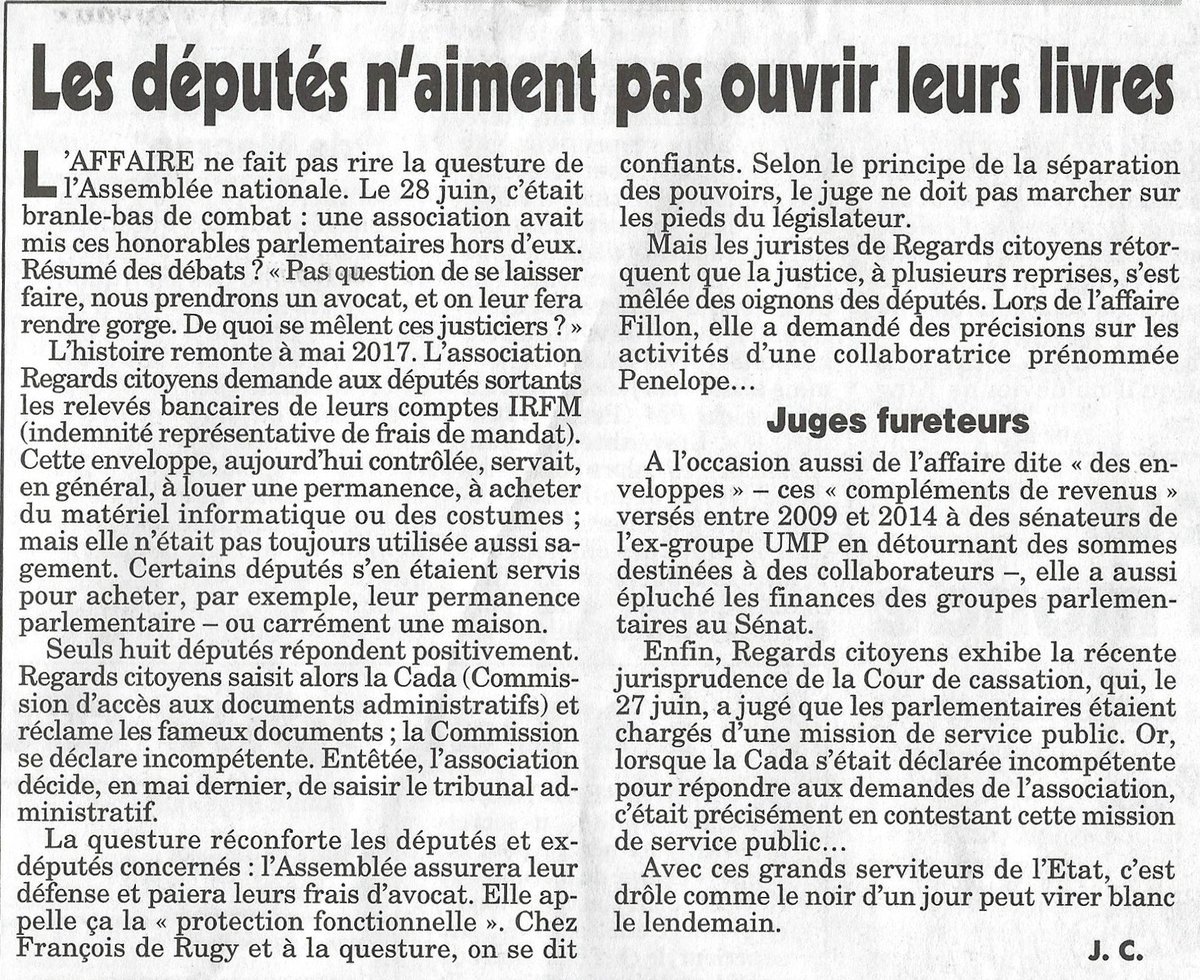 D'après le @CanardEnchaine, les questeurs de l'@AssembleeNat veulent faire « rendre gorge » à @RegardsCitoyens suite à notre demande de #transparence des frais de mandats. Cette réaction est particulièrement choquante : quelle curieuse conception de l'exercice du pouvoir !