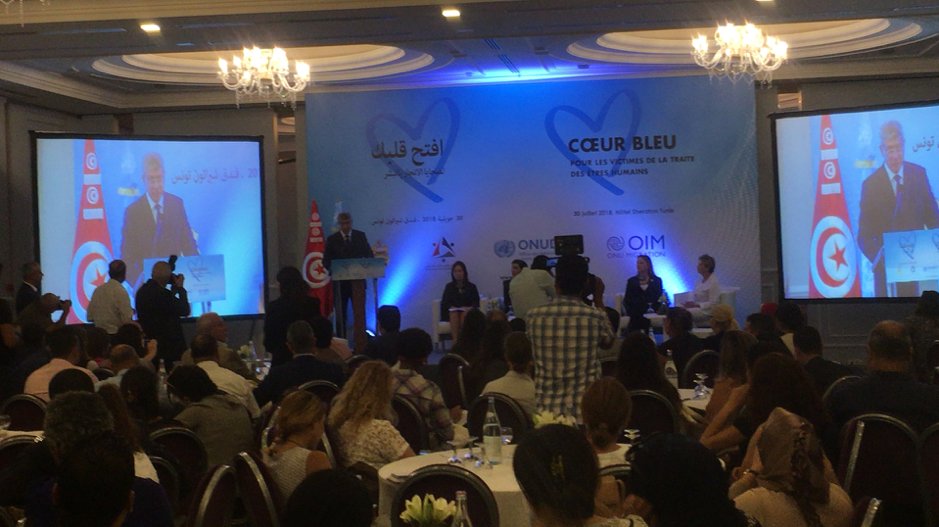 ENACT_Africa's tweet photo. Tunisian Justice Minister Ghazi Jeribi delivers his address at the launch of @UNDOC’s #BlueHeartCampaign @BlueHeartHT  #EndHumanTrafficking https://t.co/4oV0SiiEae