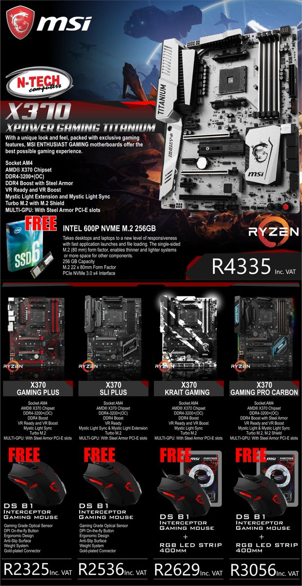 NTechComputers's tweet photo. Need a new gaming motherboard? Look no further with these insane MSI Ryzen Motherboards that all come with a good old freeby! Who doesn't like free stuff! 
Call us on 087 822 1887 or email us at sales@n-tech.co.za to get yours!
#NtechComputers #MSI #Ryzen #gaming #motherboards https://t.co/f6LBzJzrQT