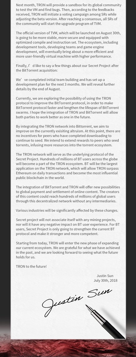 #TRON’s #TVM beta launched today! 15 GRs have been replaced by #TRONSR. Block height has reached 1M+. 40+exchanges have completed token migration to $TRX. Project Atlas with <a href="/BitTorrent/">BitTorrent</a> will bring forth great future for both! TRON to the future! medium.com/@Tronfoundatio…
