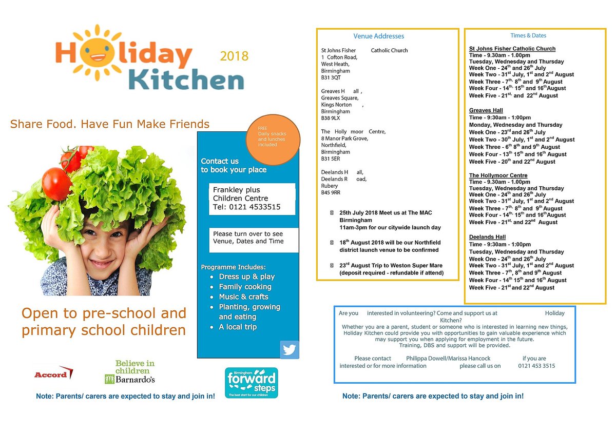 tridentgrp's tweet photo. We are hosting Holiday Kitchen again this year Deelands Hall in Rubery. Available every Tuesday, Thursday and Friday (for 5 weeks) for families of pre and primary school children who are on low incomes. For more information please visit: https://t.co/vMjV7gDrbv https://t.co/vmopDWvuaH