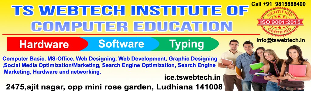 WebtechTs's tweet image. TS Webtech Institute of Computer Education provides ISO 9001:2015 Certified course which includes #ComputerBasic, #Ms-Office, #GraphicDesigning, #WebDesigning, #WebDevelopment, #C/C++, & #SearchEngineOptimization at very reasonable price starting at RS 3000 only.