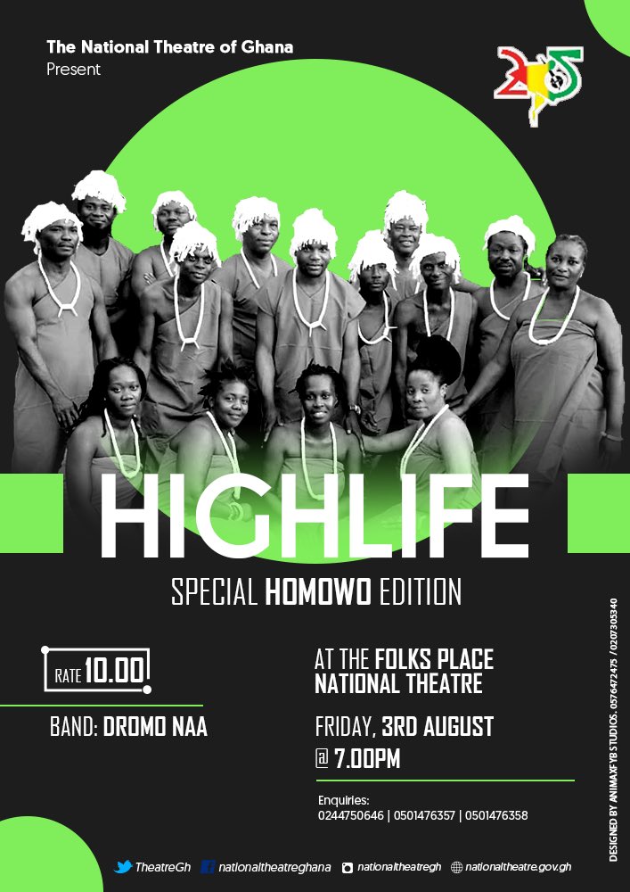 TheatreGh's tweet photo. it’s the Highlife Time again this friday!!!!
first friday in August 
come let’s listen to some good music from the “Dromo Naa Cultural Band”
Homowo special edition! https://t.co/181UbYzgU5