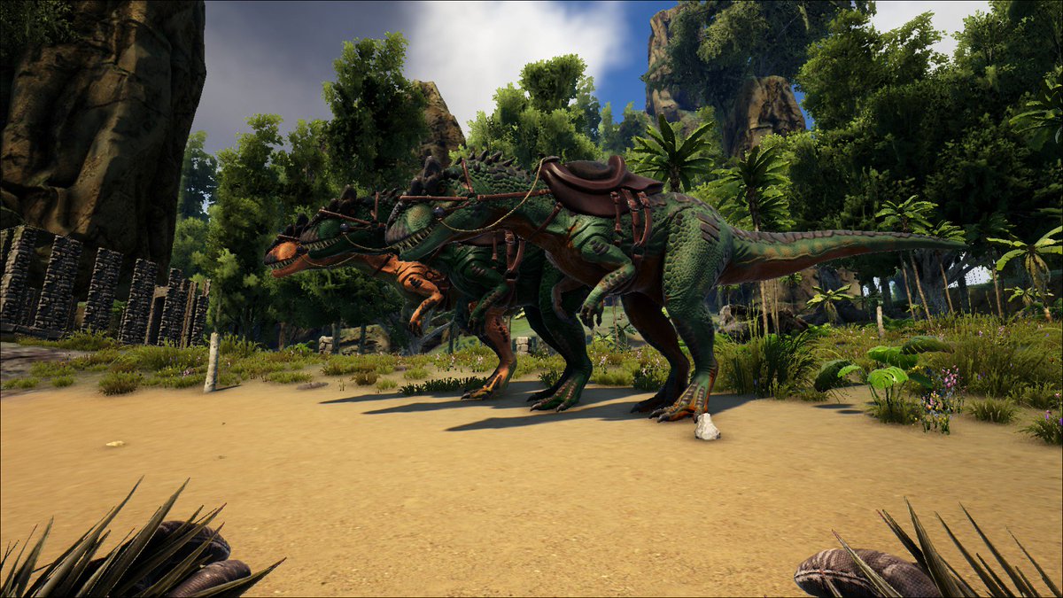 魅惑色のぱんだ Ark 手前から135 145 150のアロサウルス羊肉でテイム完了しましたぁー オス１メス２なので卵も期待出来る これでグリフォンもテイム楽になるぞぉー W