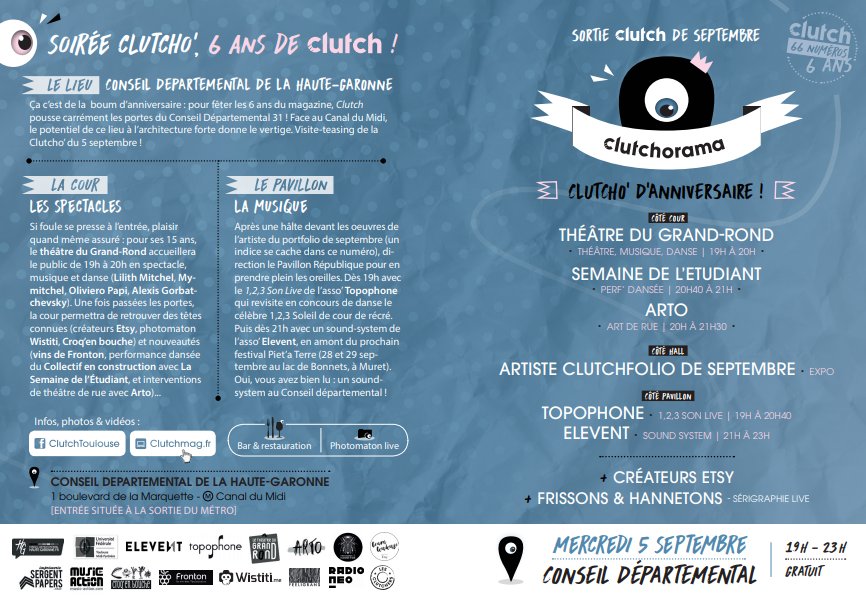HauteGaronne's tweet photo. Mercredi 5 septembre le Conseil départemental accueillera la soirée d'anniversaire du Clutchorama. Venez fêter les 6 ans de @ClutchToulouse avec nous !
Tous les détails de l'événement sur : https://t.co/2Rpj4oTQQd

#AgirPourVous #MaHauteGaronne #Clutch https://t.co/uMonppEICf