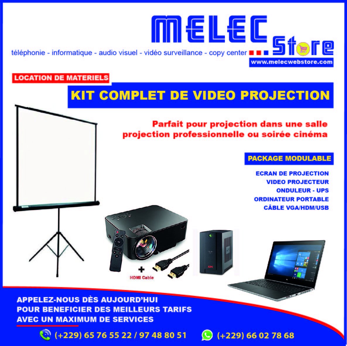 MELECWEBSTORE's tweet photo. Nous mettons en #location sur #Cotonou, des #kits complets de #vidéoprojection pour l'organisation de vos #séminaires, #ateliers et #formations. 
Renseignements et réservations au +229 95762521 ou émail à asuramu.bj@gmail.com
===
#MELECStore, #impact_technologique https://t.co/KaL55JdrRM