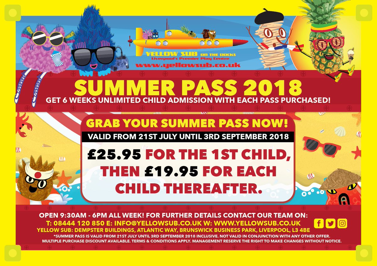 🌞 It's the #SummerHolidays! 😎
Grab one of our Summer Passes for unlimited child admission until Monday 3rd September 2018 for only £25.95, then £19.95 for each additional child!
yellowsub.co.uk/special_offers/
CALL 08444 120 850 to buy yours now!
#YellowSub #Liverpool #Deal #Offer