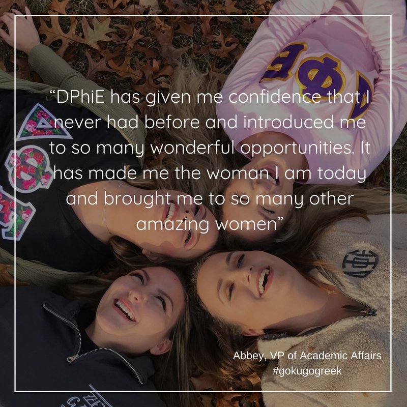 dphiekutztown's tweet photo. Just another shoutout featuring the rest of our beautiful Leadership Team, including Abbey, Courtney, Mandy & Jess. Stay tuned for more of our Why DPhiE Wednesday series to meet even more of our sisters. #gokugogreek https://t.co/ALgKpUGGkG