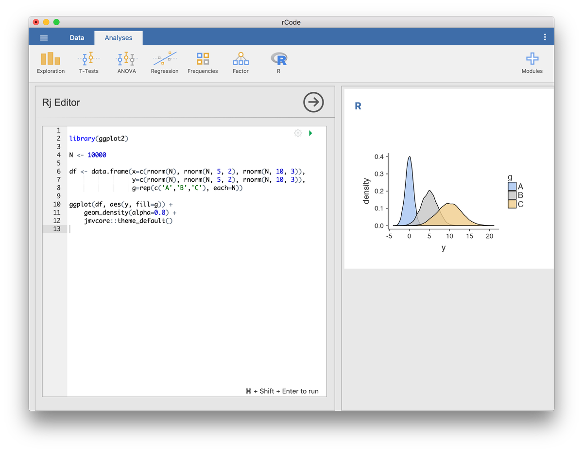 A new jamovi module! The Rj Editor has just been added to the jamovi library.

This lets you enter R code directly into jamovi, allowing you to take advantage of all your favourite R packages, *inside* of jamovi.

Blog post for more details: blog.jamovi.org/2018/07/30/rj.…