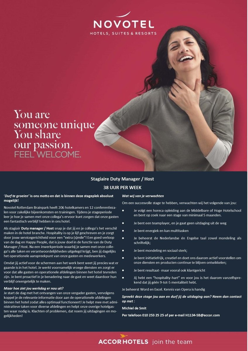 Dringend op zoek naar een #stageplaats in een hotel? #Novotel #Rotterdam #Brainpark heeft nog 1 stageplek voor 20 weken beschikbaar voor een meetinghost / duty manager! 
Geintereseerd? Neem contact op: Michiel de Smit 010-2532525 - h1134-sb@accor.com
#vacature #Stage #DutyManager