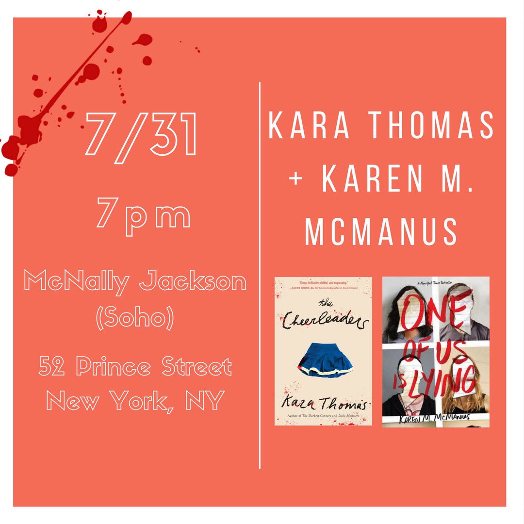 NYC! Come see @karatwrites and me talk books &amp; murder (not necessarily in that order) at The Cheerleaders launch tomorrow night!