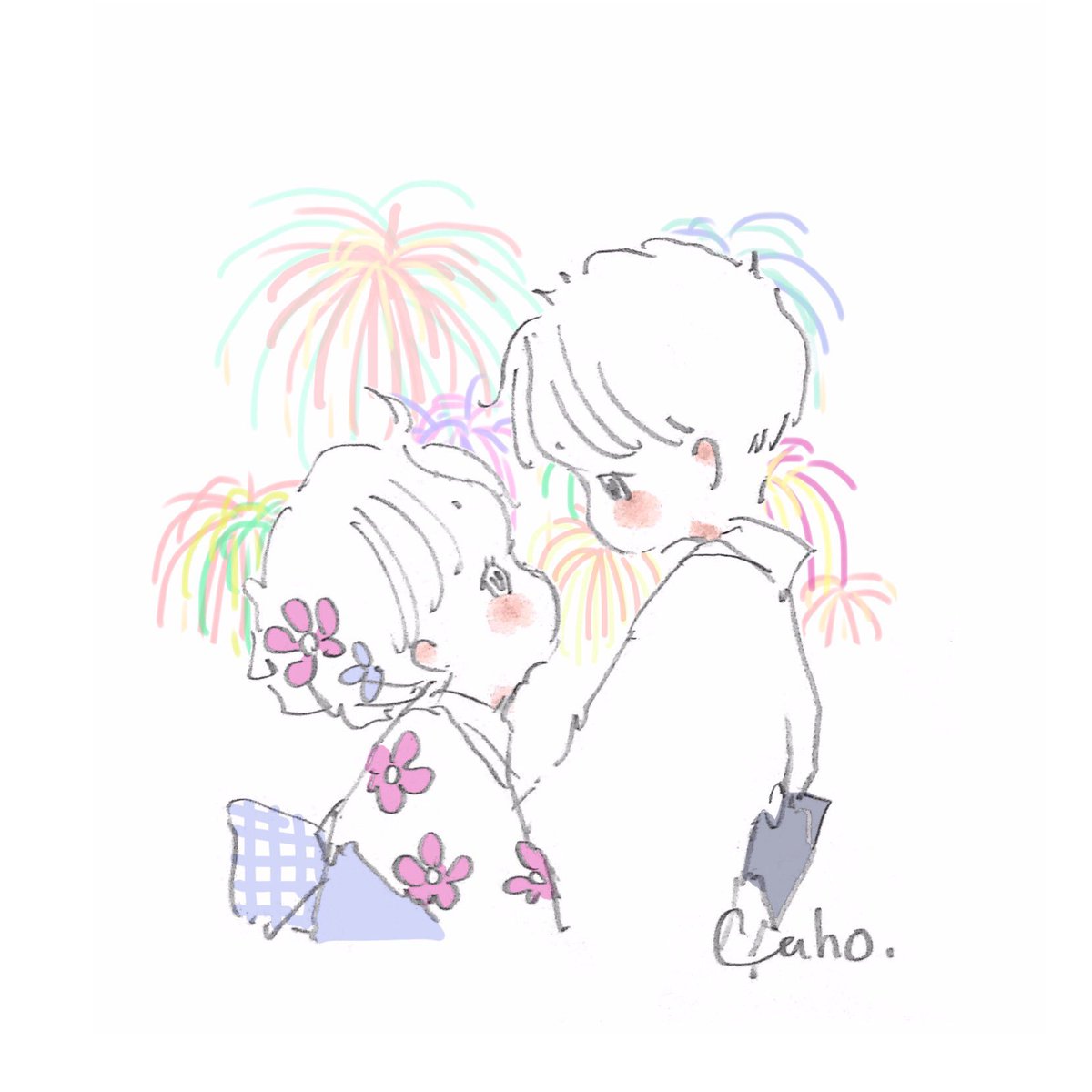 1girl fireworks 1boy japanese clothes kimono short hair blush  illustration images