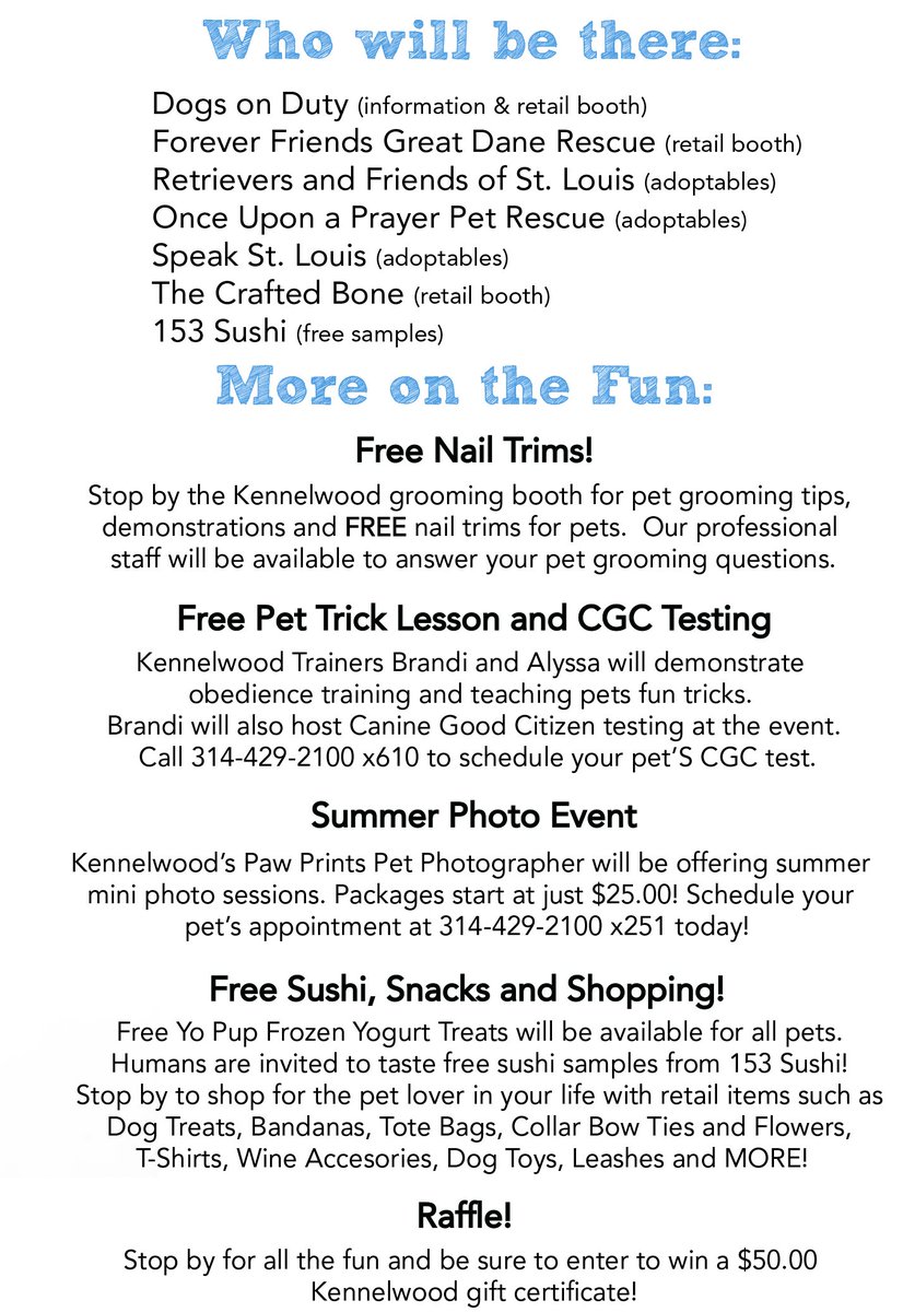 Kennelwood's tweet photo. Everyone is invited to our Summer Slobberfest! @ChesterfieldPD @ChesterfieldCOC @ChesterfldPatch @ChesterfieldCH @chesterfieldprk @akcdoglovers #CGCtesting #summerphotoEvent #AdoptableDogs Free Sushi & snacks! Shopping! Free Nail Trims for Fido #FunEVENT #DogFriendlyEvent https://t.co/2JQfCtpodN
