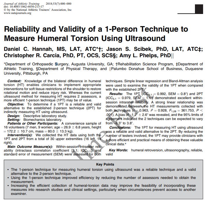 JAT_NATA's tweet photo. New in the June issue from Daniel Hannah, MS, ATC, and colleagues: Reliability and Validity of a 1-Person Technique to Measure Humeral Torsion Using Ultrasound. #AllIn4Top10
https://t.co/AOMAWyfbSU https://t.co/jI1HaCjMb4