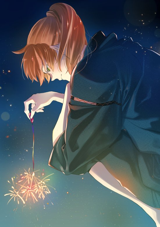 fireworks japanese clothes 1boy male focus solo sparkler ponytail  illustration images