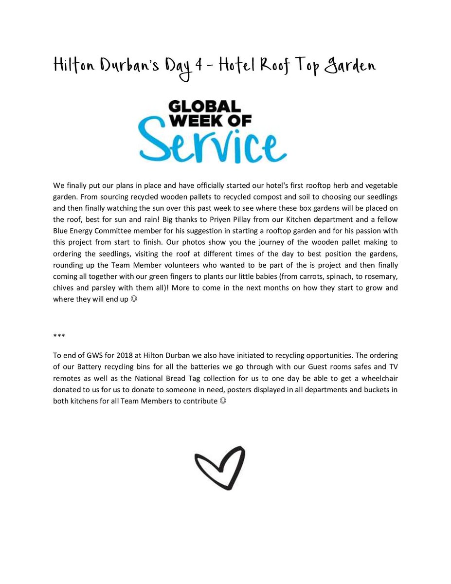 Hilton_Durban's tweet photo. Hilton Durban’s Day 4 of Global Week of Service – Hotel Roof Top Garden
#TravelwithPurpose  #GWScontest  #WeAreHilton @HiltonNewsroom https://t.co/0t36A5tkED