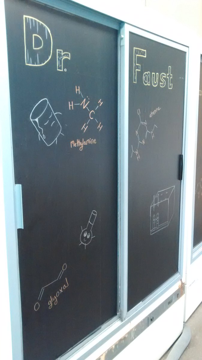 JFaustDoesChem's tweet photo. My students decorated our lab fridges to celebrate the end of summer research. I was afraid to ask why the beaker was crying, but at least the vol flask looks happy! #undergradresearch #labdecor https://t.co/yBBelRnsXe