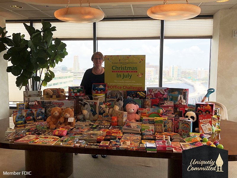 bankoftampa's tweet image. We&apos;re proud to support the St. Joseph’s Children’s Hospital Foundation’s Christmas in July #officechallenge toy drive. Employees came together and donated toys and cash donations totaling more than $2,000 to benefit St. Joseph’s kids. #uniquelycommitted