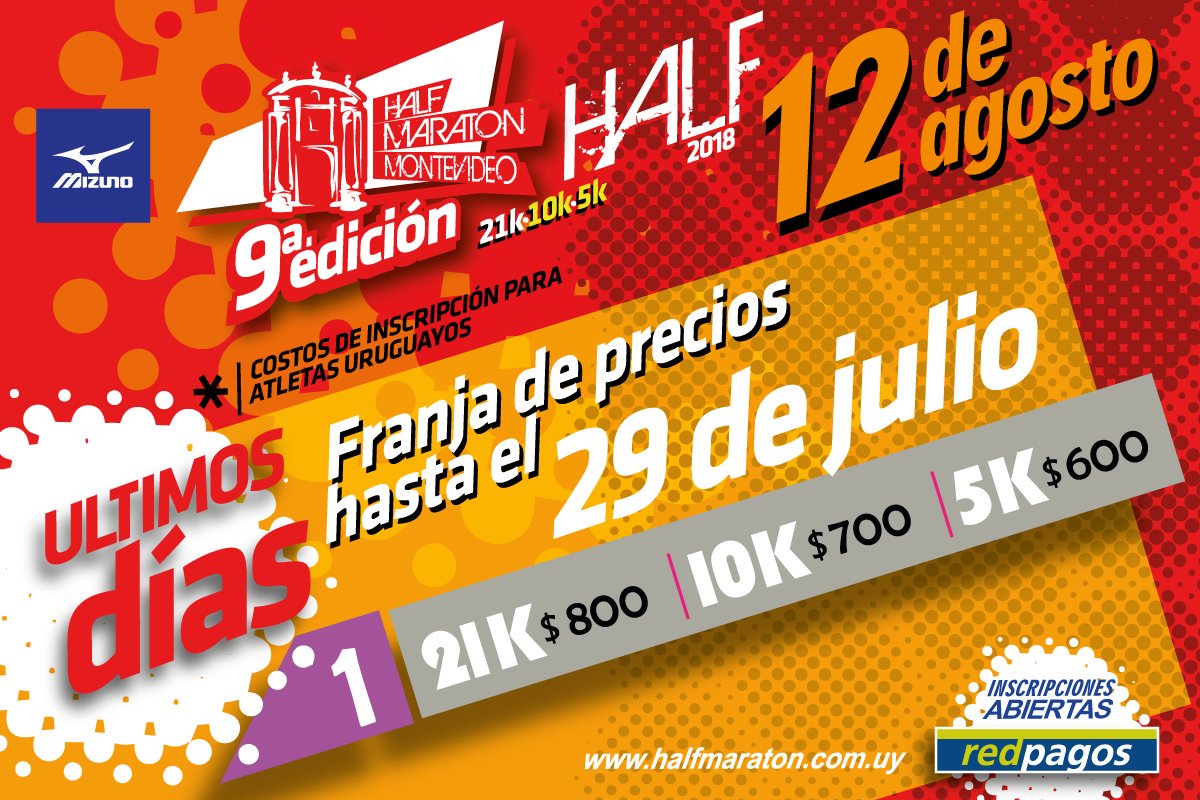 asadopasado's tweet photo. Hasta este domingo, precios bonificados. Apurate. Todavía podés correr la Half de Montevideo. El 12 de agosto pisá fuerte las calles la capital uruguaya #half2018
https://t.co/qkbn31Ld83 https://t.co/e9G9FU9mNr