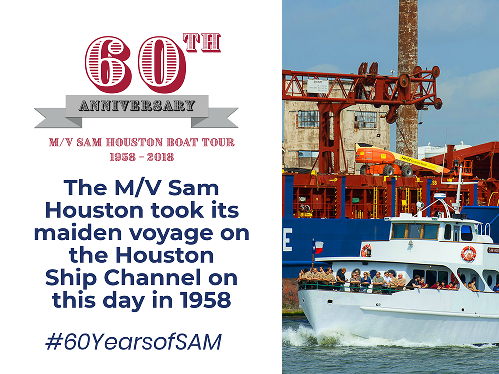 #60YearsofSAM: Happy 60th Anniversary, M/V Sam Houston! On July 30, 1958, the M/V Sam Houston was #christened by Karen Tellepsen, the daughter of former Port Commissioner Tom Tellepsen, followed by its first public #tour of the #HoustonShipChannel.