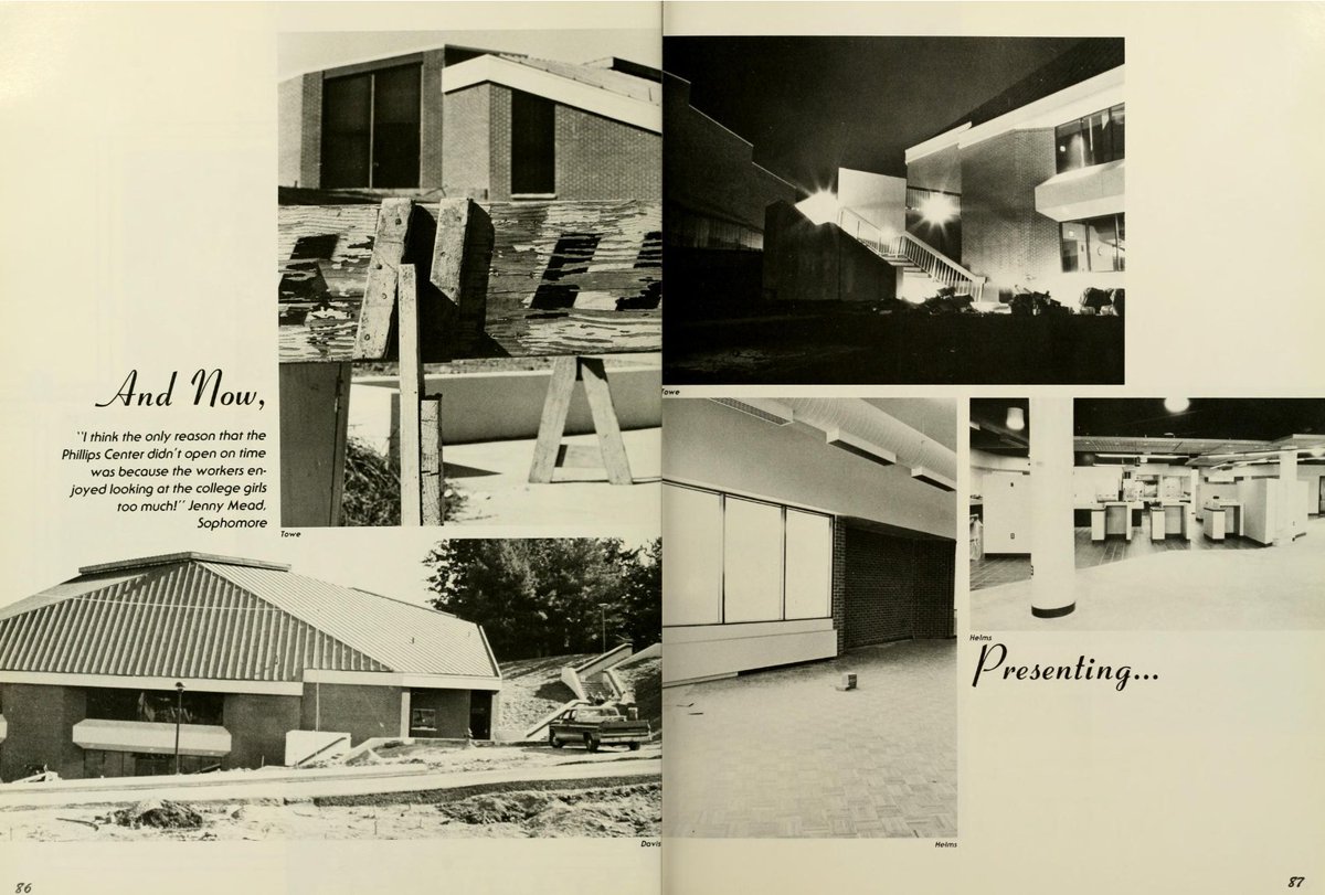 JMUSpeColl's tweet photo. Today on campus a beloved @JMU building is beginning demolition. Phillips Hall, aka Dukes and Top Dog, opened in October 1985 as a state of the art @JMUDining facility and event center. This 1986 yearbook spread highlighted its opening. #RIPPhillipsHall #RIPDukes #RIPTopDog https://t.co/ChippZPxxO
