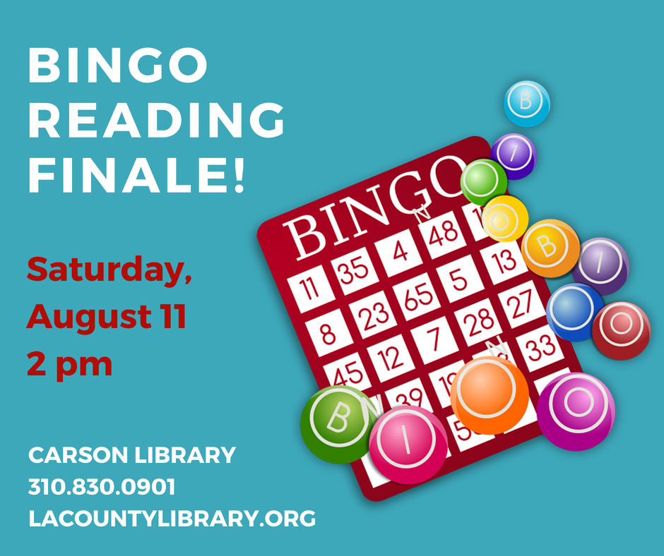 CarsonLib's tweet photo. Coming this Saturday (August 11) at 2 pm! Adults play Bingo during the end of our Bingo Reading Finale. Win great prizes generously sponsored by the Carson Friends of the Library. Light refreshments will be served. https://t.co/cD2LPZxbTv
