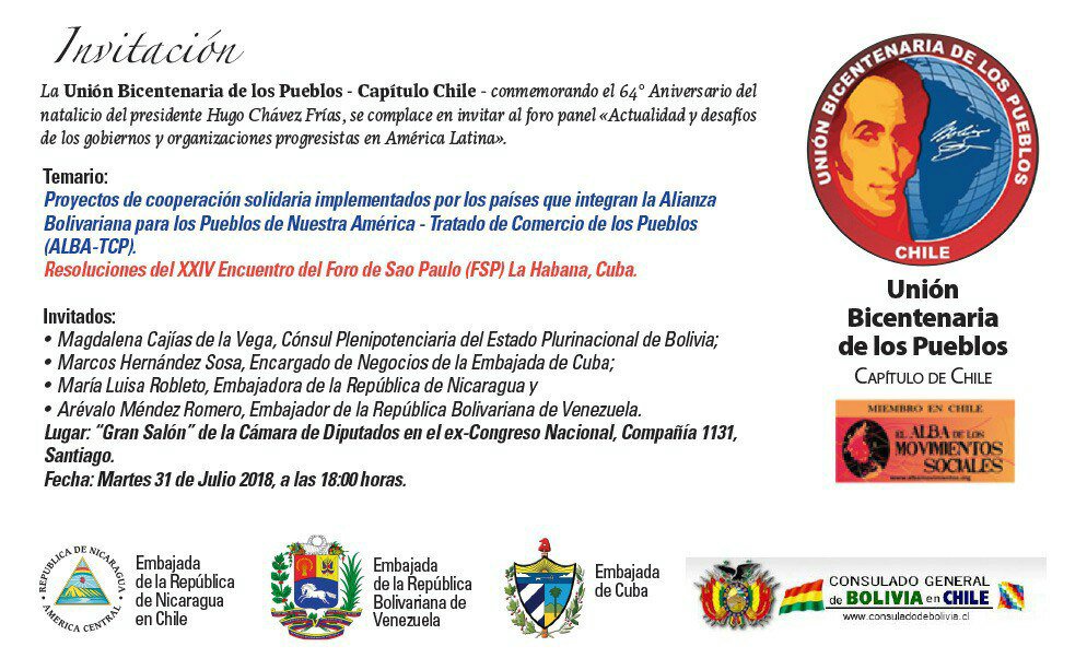 <a href="/UBPChile/">UBP-Chile</a>  invita al foro "ACTUALIDAD Y DESAFÍOS DE LOS GOBIERNOS Y ORGANIZACIONES PROGRESISTAS EN AMÉRICA LATINA" <a href="/anaderodriguez/">Ⓐⓝⓘⓣⓐ</a> <a href="/Antuanmetal/">Antonio Galvez</a> <a href="/TodxsSomosVzla/">Todos Somos Venezuela</a> <a href="/Marco_Teruggi/">Marco Teruggi</a> <a href="/PatriciaDorta40/">Dra. Patricia Dorta 🌐🕊️ 164M⚖️🇻🇪</a> <a href="/frenadeso/">Frenadeso Panamá</a> <a href="/madeleintlSUR/">Madelein Garcia</a> <a href="/MediumESP/">El MediuM</a> <a href="/rvfradiopopular/">Radio Villa Francia</a> <a href="/cainecagua/">♥ Maribel Martinez ♥</a> <a href="/Chileokulto/">Chileokulto</a> <a href="/MDPChile/">MDP</a>