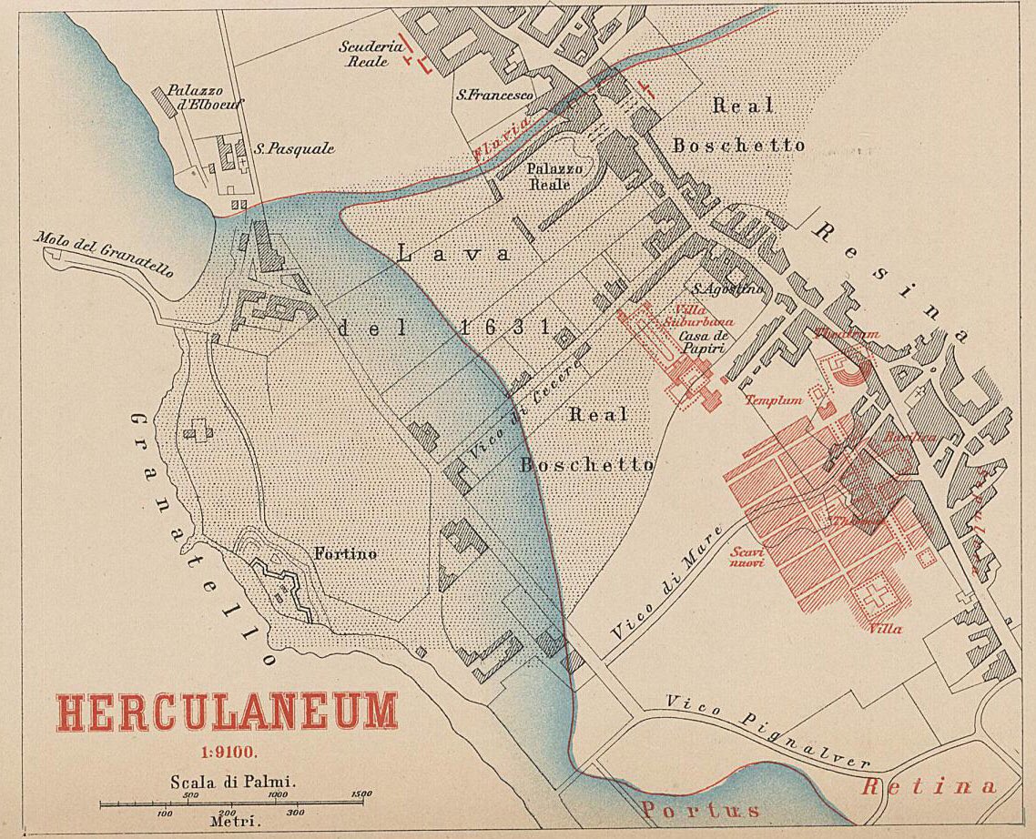 The Roman theatre in Herculaneum is located just north of the excavated part of the ancient town. But for a series of tunnels dug through it in the 18th/19th centuries, it lies hidden from view under the volcanic debris of 79AD. Only small glimpses of the structure are possible.