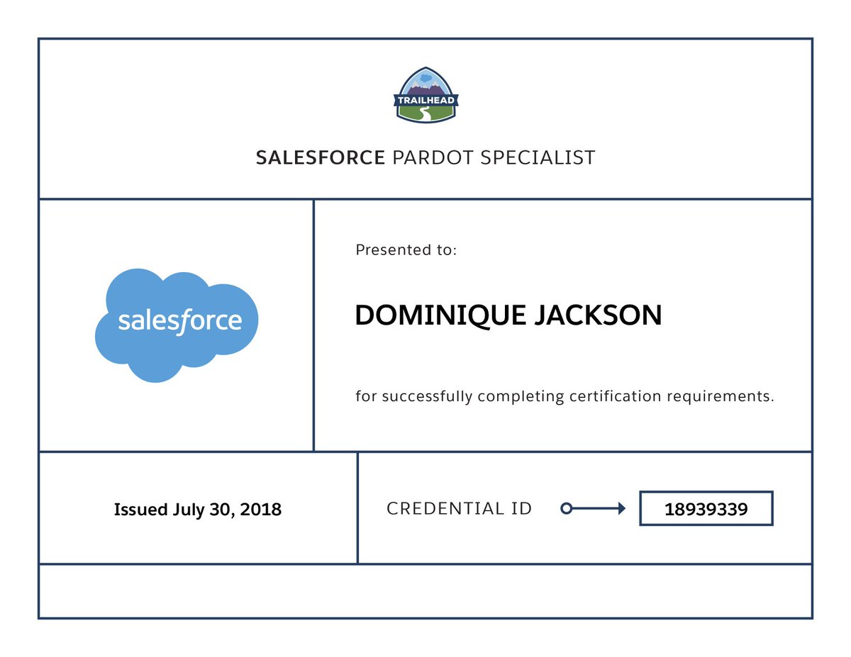 sapient_i7's tweet photo. And another one! Huge congratulations to Dominique Jackson on completing her Pardot Specialist Exam! 
#salesforce #goteam #pardot https://t.co/oKETds9KqR