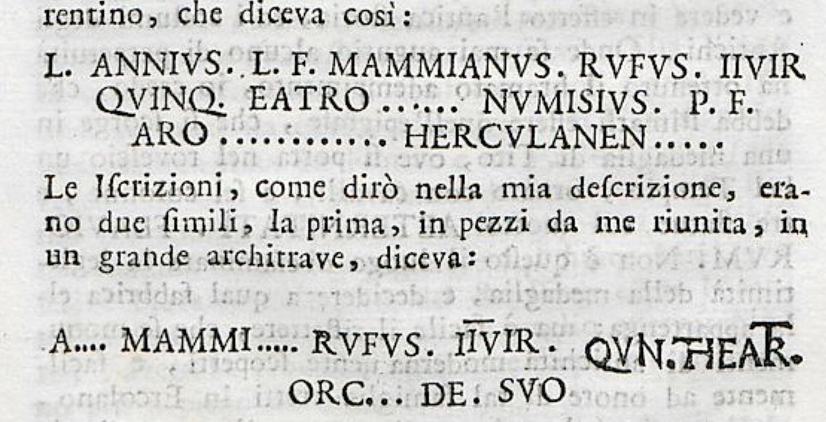 By 1734 the Bourbon, Charles VII, ruled in Naples & new excavations were begun. The building was finally identified as a theatre by Marcello Venuti who published the discoveries in 1749.Images: inscriptions found at this time made reference to a theatre  http://digi.ub.uni-heidelberg.de/diglit/venuti1749/0001/thumbs