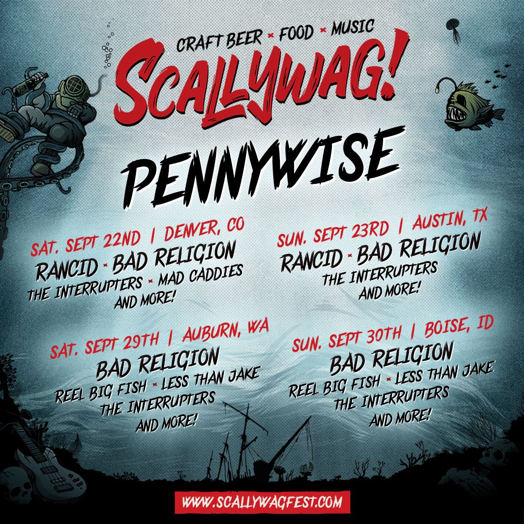 Pennywise's tweet photo. #ScallywagFest hits the road this September with our brothers in @Rancid @badreligion and more. Tickets go on-sale Friday at 10am local time at https://t.co/LEPhEkaEqq. https://t.co/UHIX51vUEZ