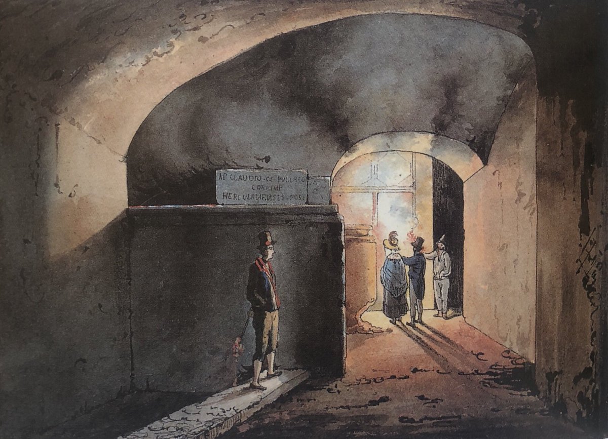 In the 1760s, when La Vega was heading the excavations of the theatre, two honorific inscriptions were found: those of M. Nonius Balbus and Ap. Claudius Pulcher. These remain on display at each end of the stage area (‘tribunal’).Image 4: C19th watercolour by Giacinto Gigante