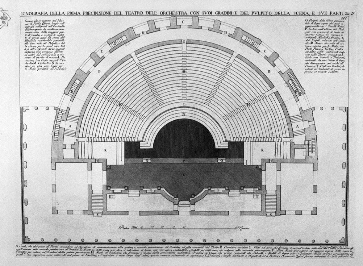 The theatre, being the only monument accessible in Herculaneum at this time, attracted Francesco Piranesi who went onto publish a book in 1783 containing elegant but innacurate reconstructions of the theatre.Images:  http://www.vesuvioweb.com/it/wp-content/uploads/11-Il-teatro-di-Ercolano-e-le-tavole-del-Piranesi-Ercolano-1709-2009-vesuvioweb.pdf