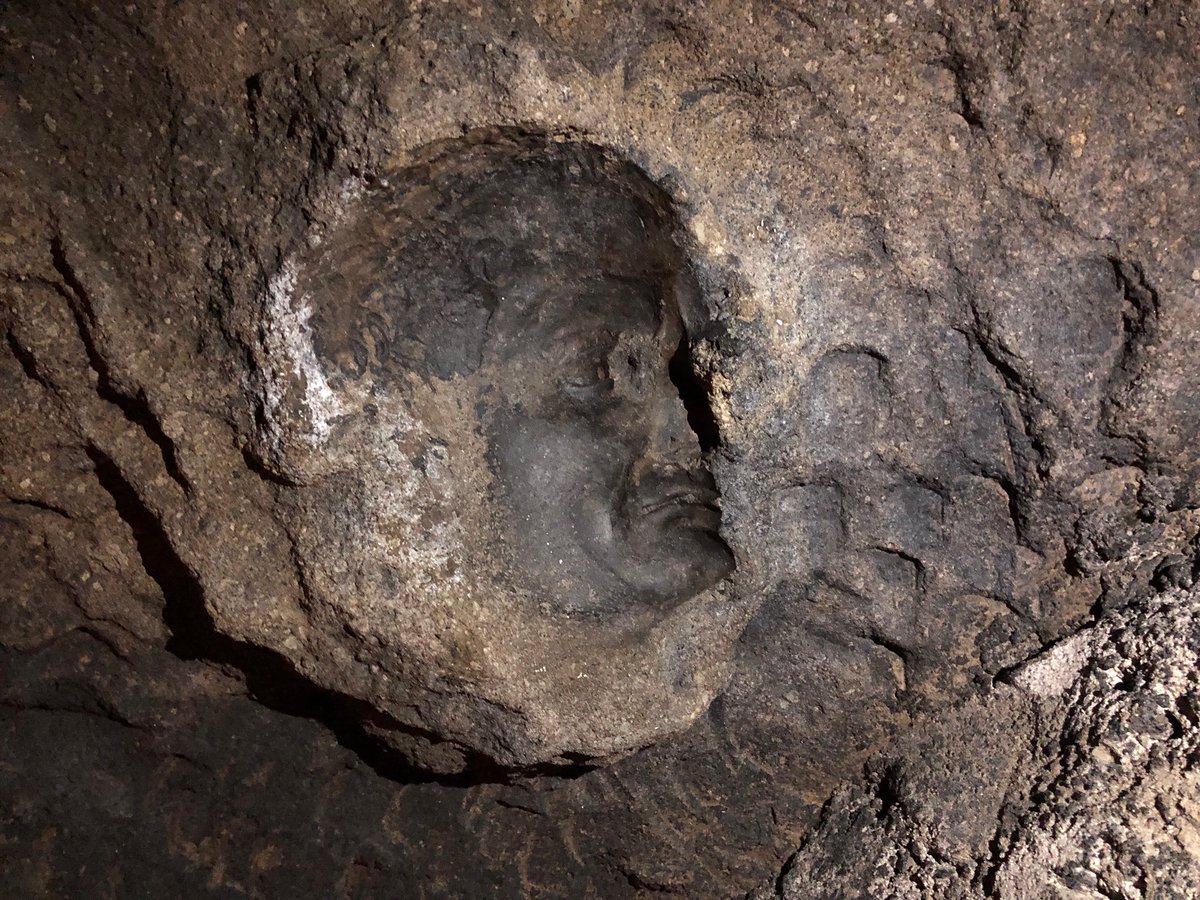 In the roof of a narrow tunnel near the back of the theatre’s stage there’s an imprint of the face of a statue of M. Nonius Balbus left in the volcanic material.I find it utterly haunting & exhilarating to see a trace of that statue & where it was prised from the volcanic debris