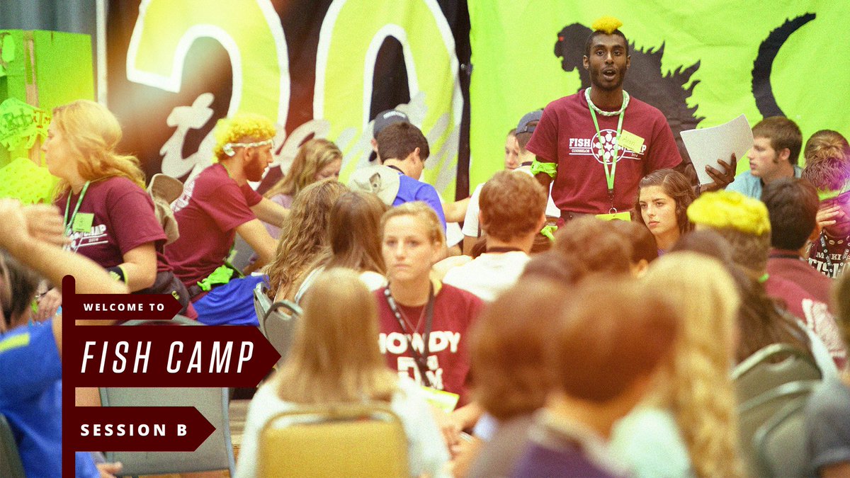 people at fish camp with text saying "Welcome to Fish Camp Session B"