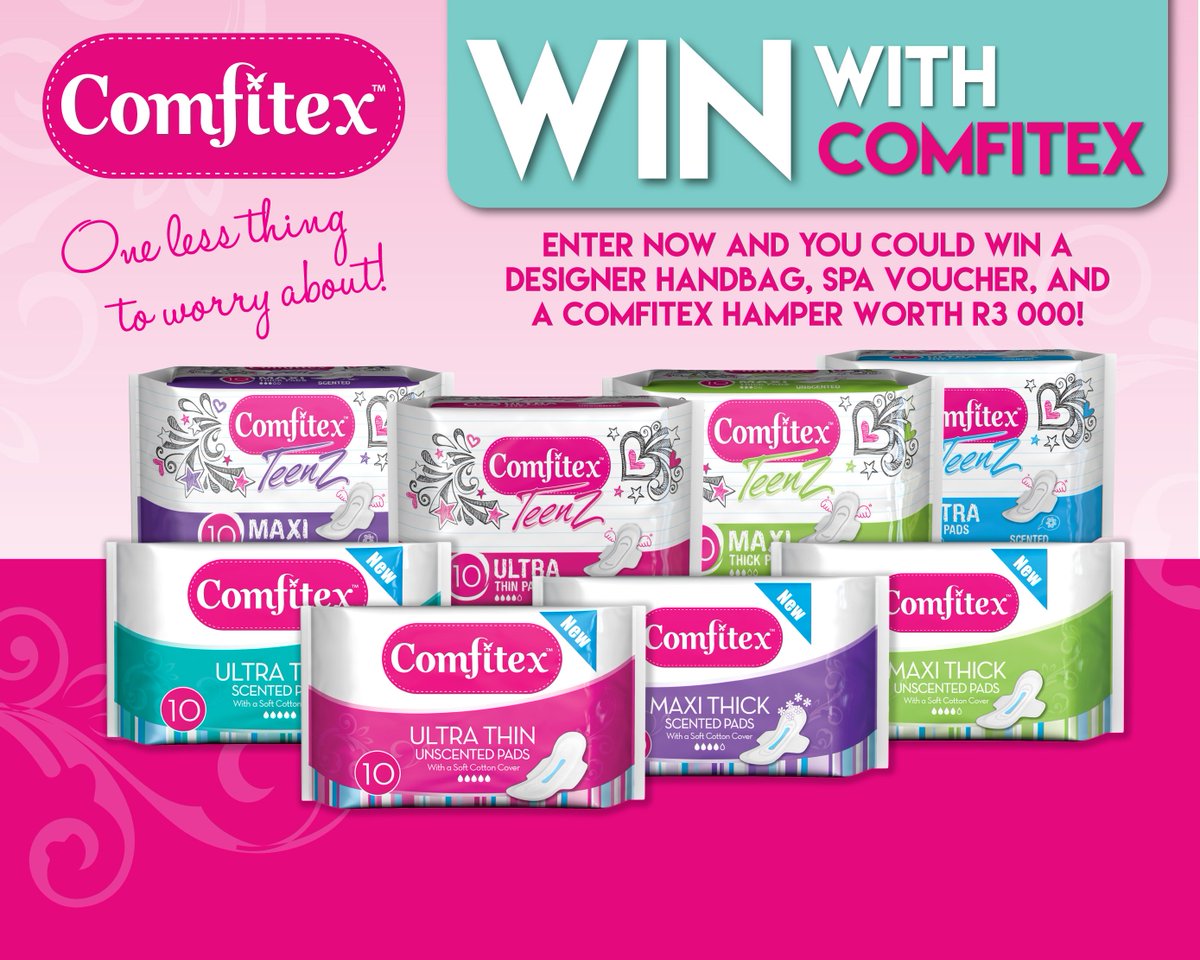 AfternoonChat's tweet photo. The new range of #Comfitex pads, has just been launched and we have an amazing hamper worth R5000 up for grabs. SMS 'Win'to 33650 and you could win a designer handbag, luxurious spa voucher, R2000 cash and a Comfitex hamper! Ts&Cs Apply. https://t.co/DkEjgGmKzz #AfternoonExpress https://t.co/WJzbYGwba8