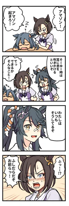 ヒシアマゾンの起こし方をエアグルーヴに教えてあげるナリタブライアン。
#ウマ娘 