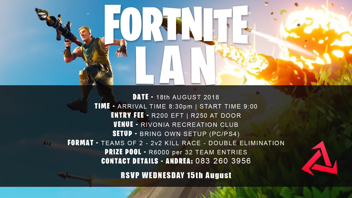 Round 2 incoming!🔥🎮

• Teams of 2 (R200 per player)

• Play from home or at the venue. 
(JHB players must play from the venue)

• Double Elim - 2v2 kill race

• Rivonia Recreational Club

• PS4 &amp; PC entires allowed

Retweets appreciated!💙

DM for entry!🎮🙇🏻