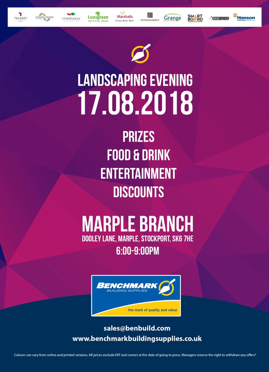 benbuild's tweet photo. Join us for our #landscaping day 17.08.2018 at our Marple Patio Centre! Food/ Drink, entertainment, discounts and prizes to be won on the night. Suppliers @HansonPacked @TalaseyGroup @PremierMortars @Grange_Gardens @SmartBoardWPC to attend. https://t.co/dAzOsT42oz