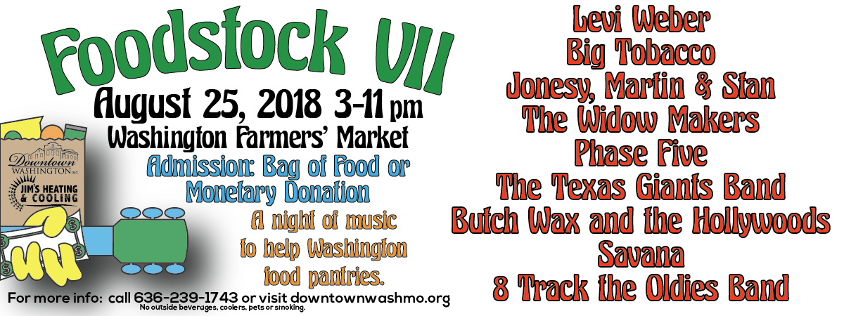 downtownwashmo's tweet photo. Our seventh annual Foodstock event is coming up August 25th! This is a night of music and fun to support our local food pantries. Thank you to our Foodstock sponsors @JimsHeatandCool for supporting this awesome event! #downtownwashmo https://t.co/cQTRhJpaSe